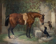 Courtyard Scene with Horse and Two Dachshunds. Year 1870
