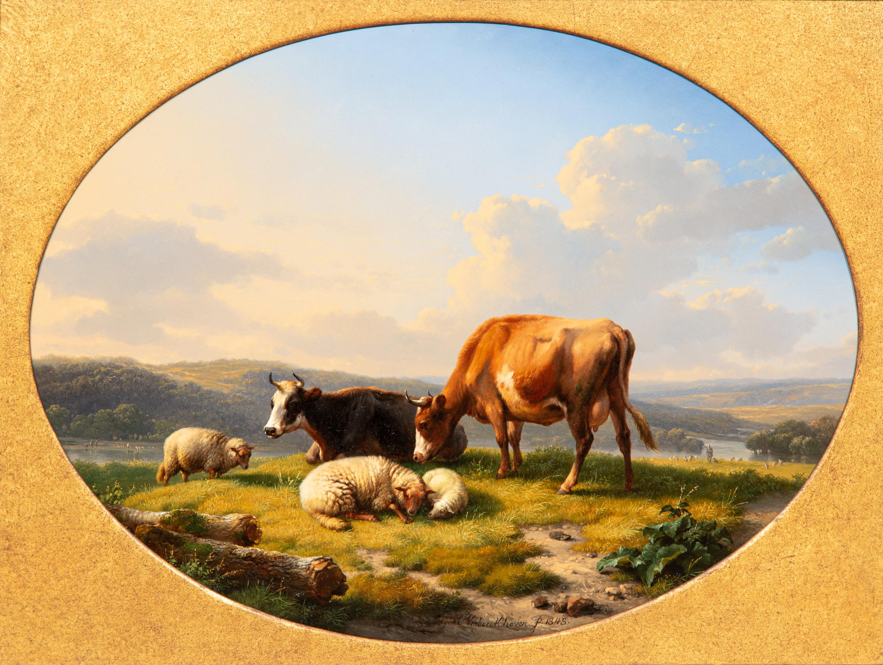 ‘Landscape with Cows and Sheep in a wide river landscape’, Eugène Verboeckhoven - Painting by Eugène Joseph Verboeckhoven