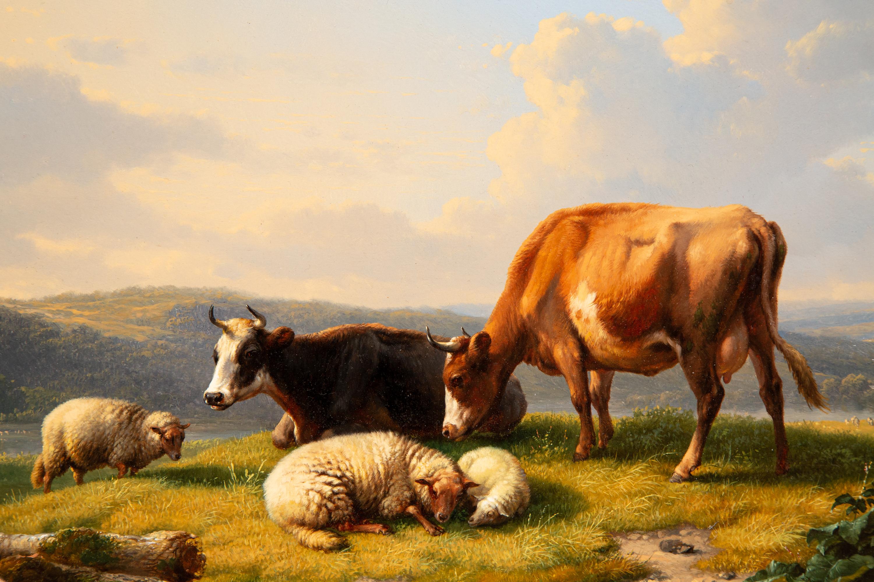 ‘Landscape with Cows and Sheep in a wide river landscape’, Eugène Verboeckhoven - Romantic Painting by Eugène Joseph Verboeckhoven