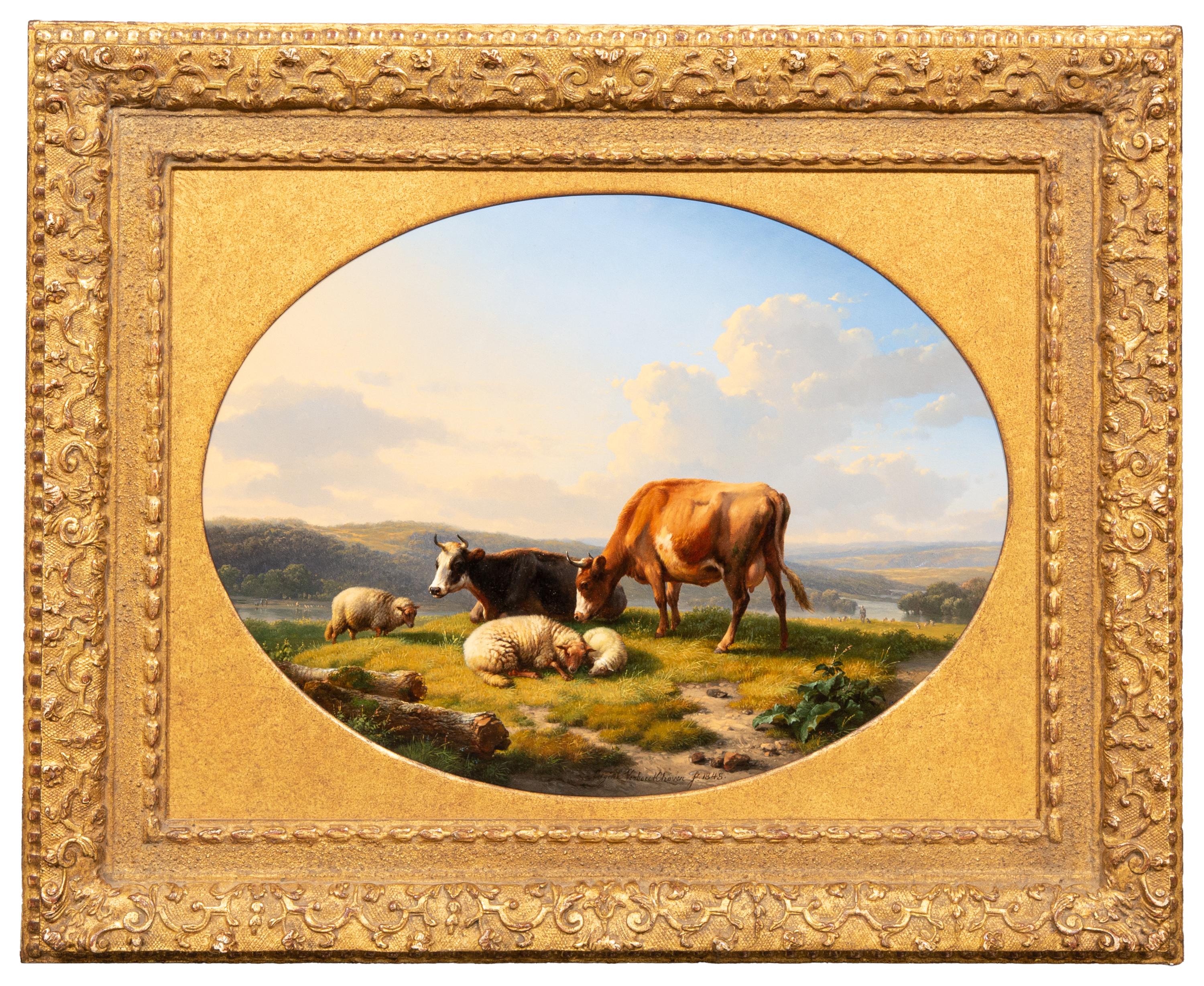 Eugène Joseph Verboeckhoven Animal Painting - ‘Landscape with Cows and Sheep in a wide river landscape’, Eugène Verboeckhoven