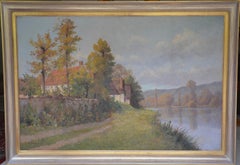Au Bord de La Rive (Scène de rivière dans un paysage de campagne français, cottage et arbres)