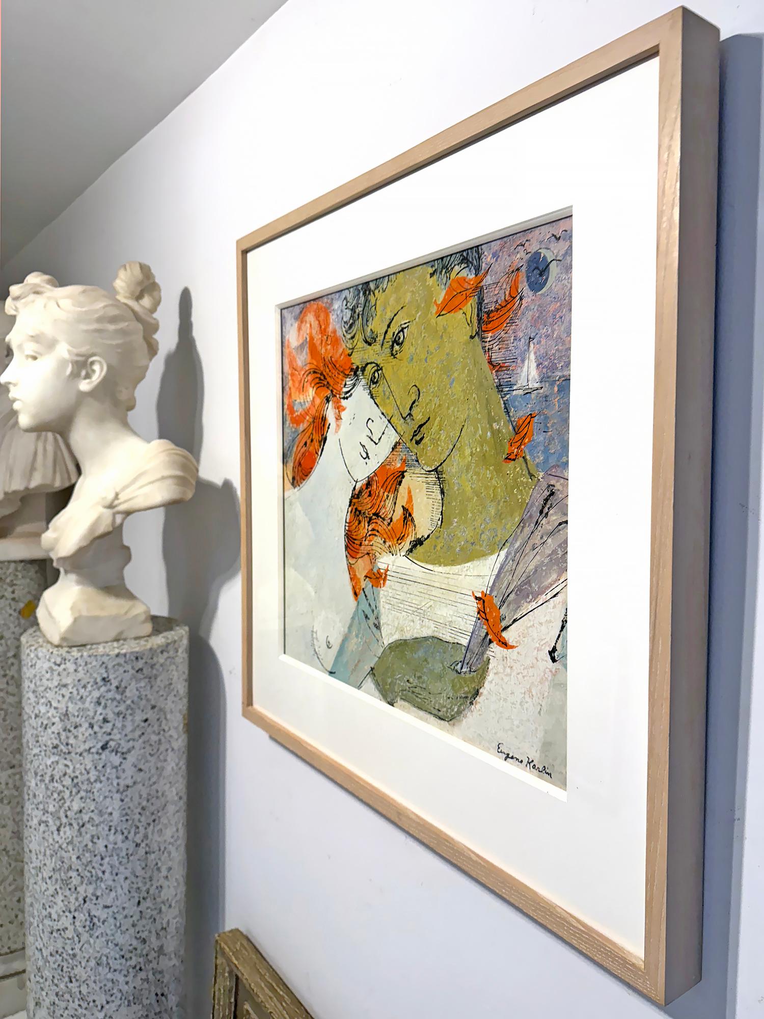 This Mid-Century illustration/painting is rendered in a Neo-Classical style and showcases young lovers in a morning embrace. The man is holding a small bouquet as the woman leans into him.  A soft breeze blows her orange hair while the wind carries