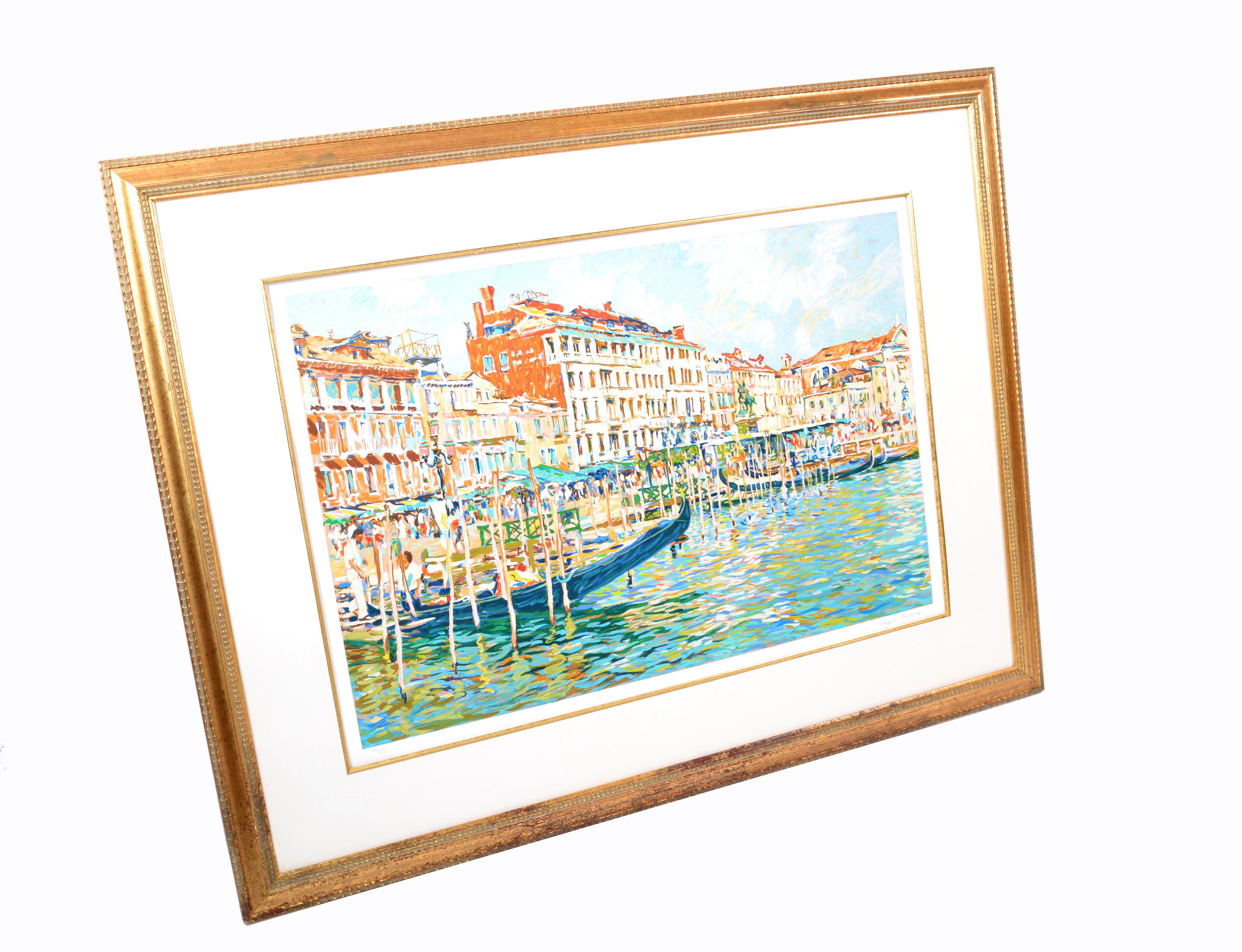 Eugene Kaspin Contemporary Impressionism acrylic on paper Print depicting serene gondola rides in Venice, Italy.
It has a glass cover and comes with a gold finished wood frame.
Marked, Eugene Kaspin and numbered 52/300.
The colors are amazing and