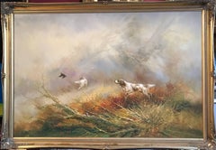Hunting Spaniels Flushing Game, Large Signed Oil on Canvas Painting