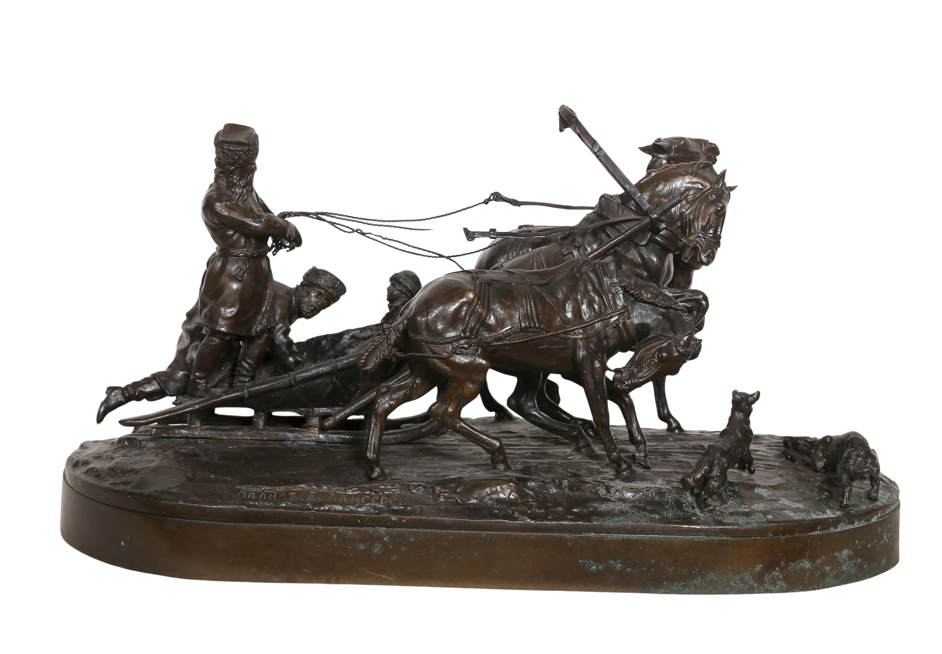 Eugene Lanceray, Cast by N. Shtange After the Model by Eugene Lanceray, Russian (1875 - 1946) - Troika, Year:  Late 19th Century, Medium:  Bronze Sculpture, Cyrillic signature and foundry mark inscribed, Size:  9 x 17.25 x 7.5 in. (22.86 x 43.82 x