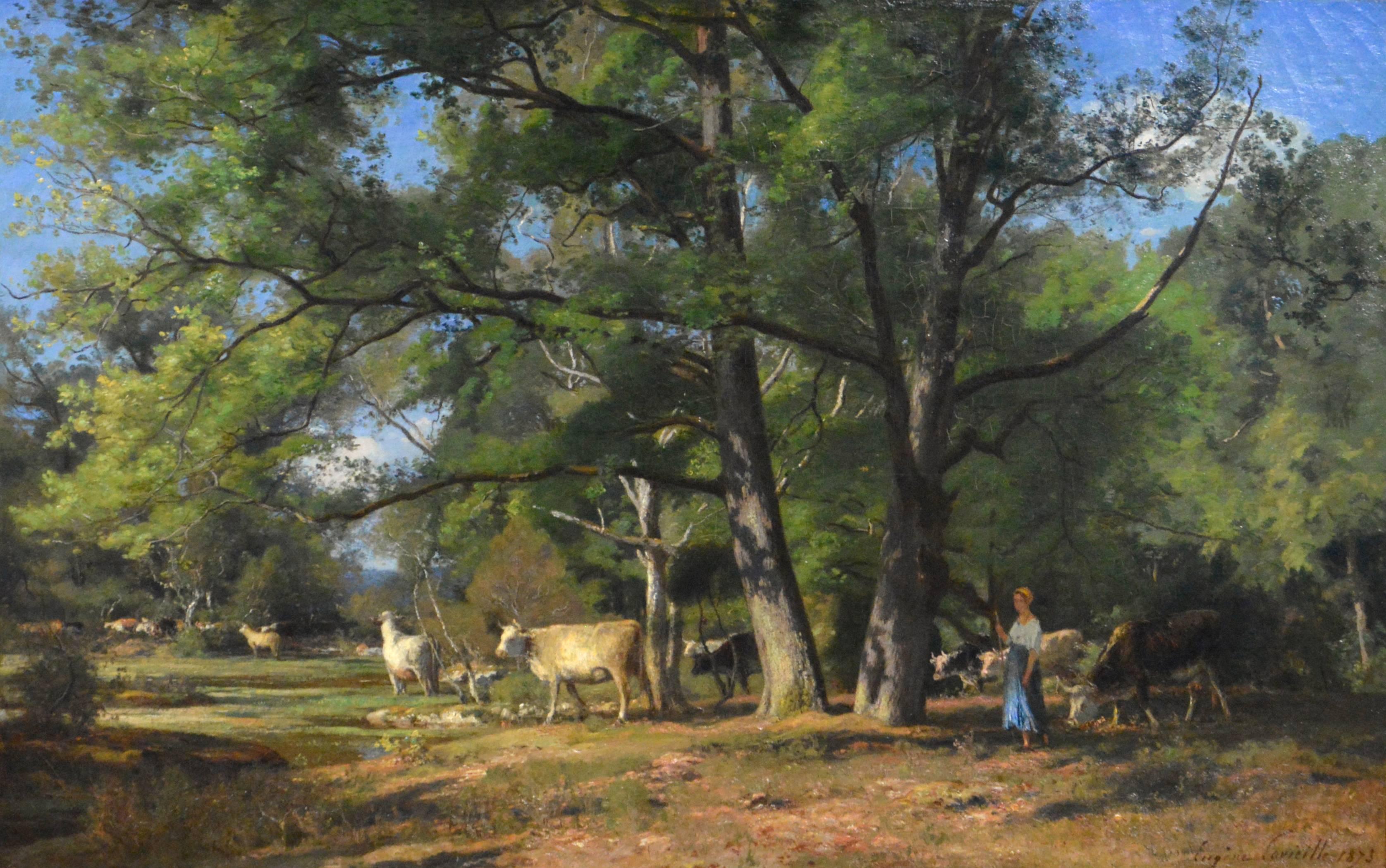 Eugene Lavieille Landscape Painting - Une matinée en forêt, vaches en marche
