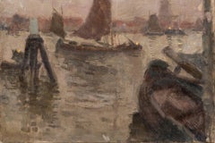 "Soir de Novembre, Dordrecht, " Eugene Vail, Dutch Landscape with Boats, Cloudy