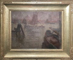 Retro "Soir de Novembre, Dordrecht, " Eugene Vail, Dutch Landscape with Boats, Cloudy 