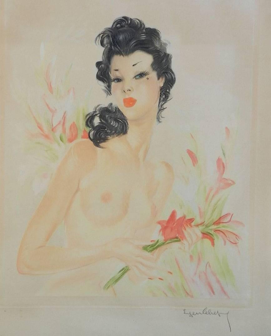 Magnifique lithographie originale signée, circa 1930-40 par Eugène Leliepvre 1908-2013. Contemporain de Domergue Elegant Nude Lady
Connu également pour ses peintures militaires ainsi que pour son Peintre des Elégants Image réelle 48.5 cms x 58.5