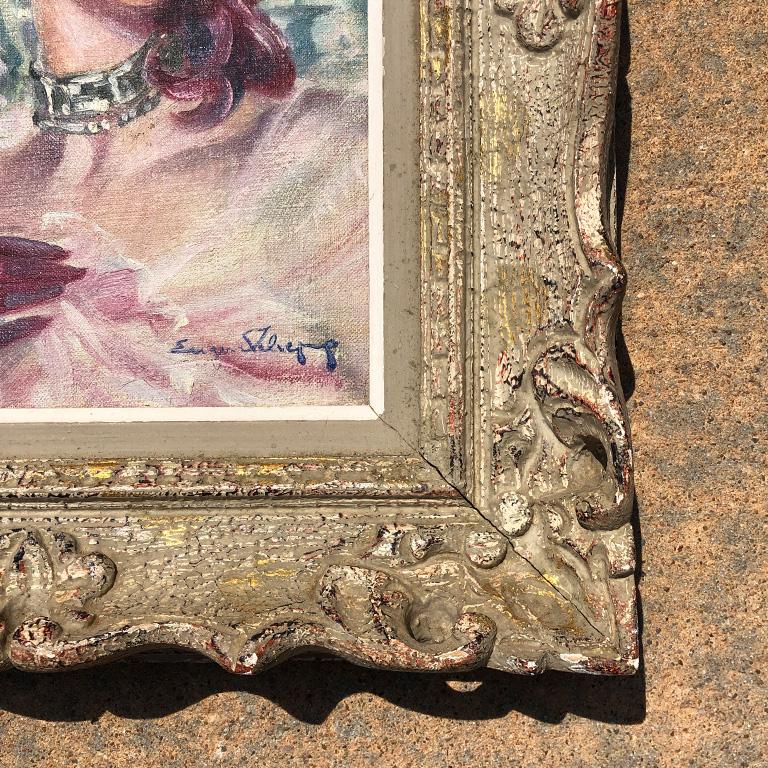 Art Deco oil on canvas painting of a woman by French artist Eugene Antoine LeLievre. LeLievre was a popular French artist and sculptor from 1856-1945. This piece is framed in an original giltwood frame with pierced edges. 

The painting depicts a