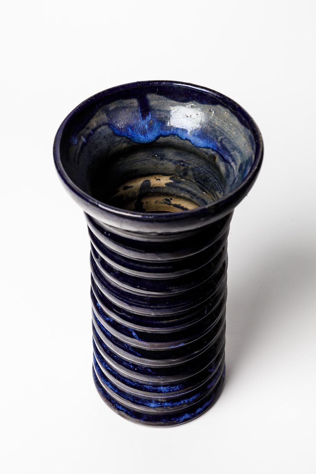 20th Century Eugene Lion modernist art deco 1930 dark blue ceramic vase 27 cm pottery For Sale