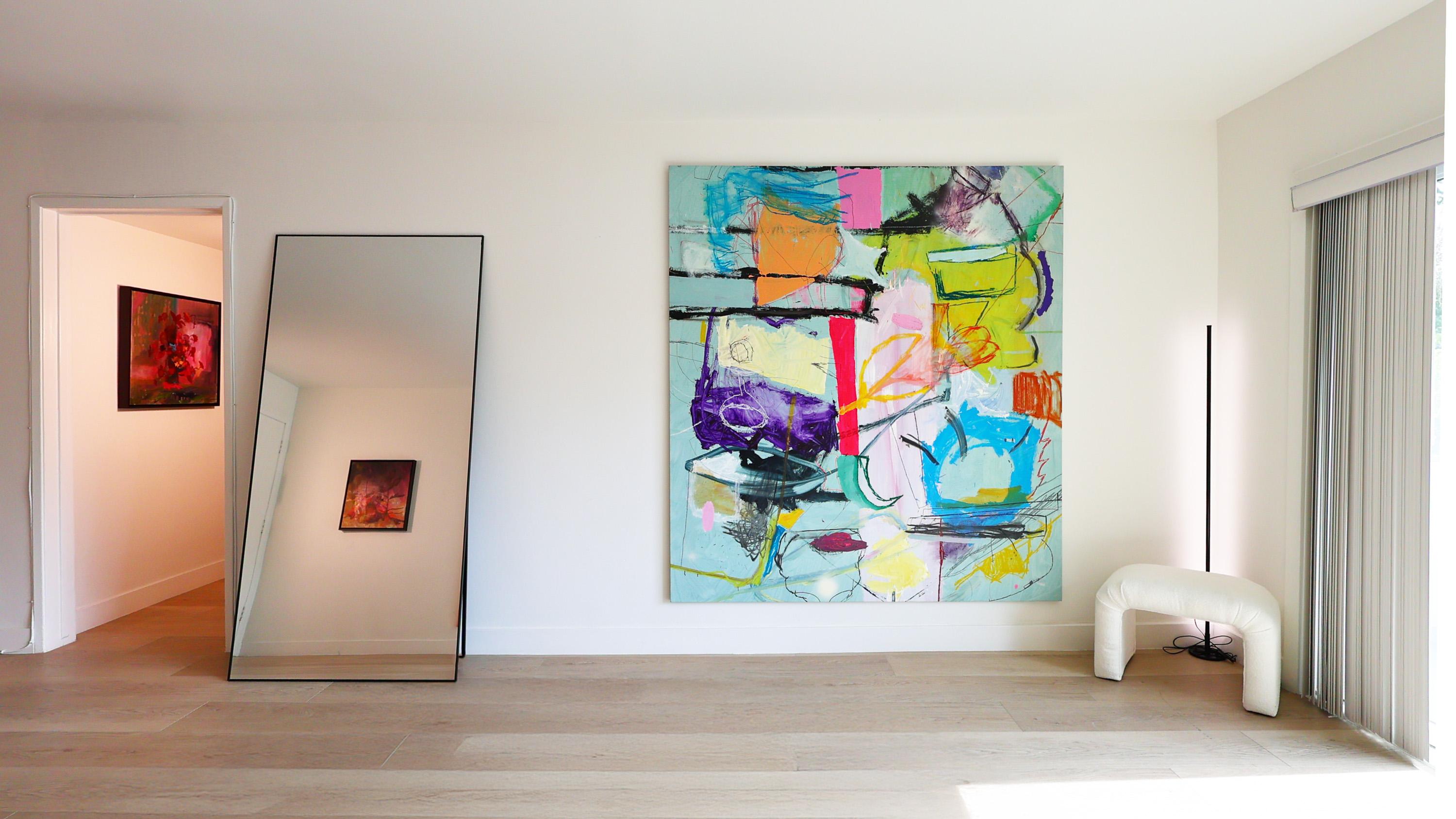Large Vivid Bright Abstract Expressionist Painting Mixed Media 