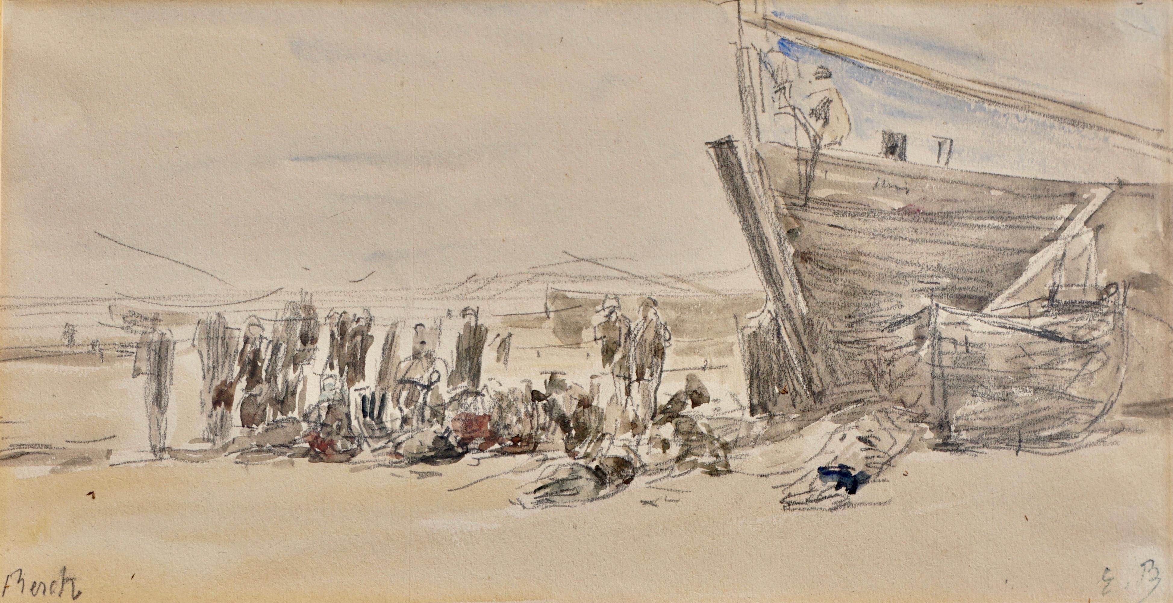 Eugene Boudin (French 1824-1898) Scene de plage. Berck 
Circa 1870
Fishermen and boats on the shore. 
Inscribed 'Berck' LL. with the Trustee's stamp “E.B” LR
Medium: pen, ink and watercolour 
Measures: Sight: (15cm x 29cm (6in x 11.5in)) Not