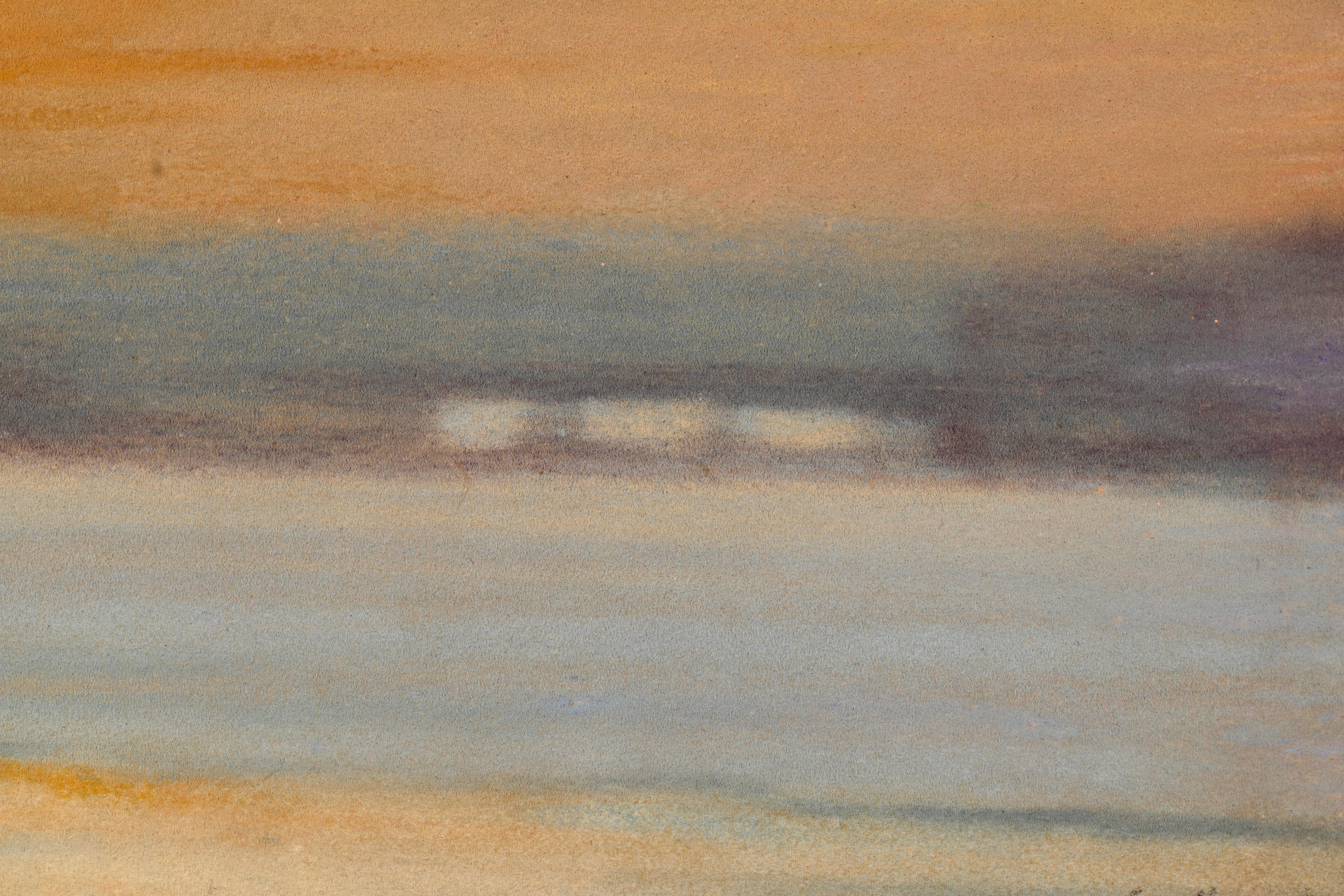 Coucher de Soleil - Impressionist Pastel, Sunset over Riverscape - Eugene Boudin - Gray Landscape Painting by Eugène Louis Boudin