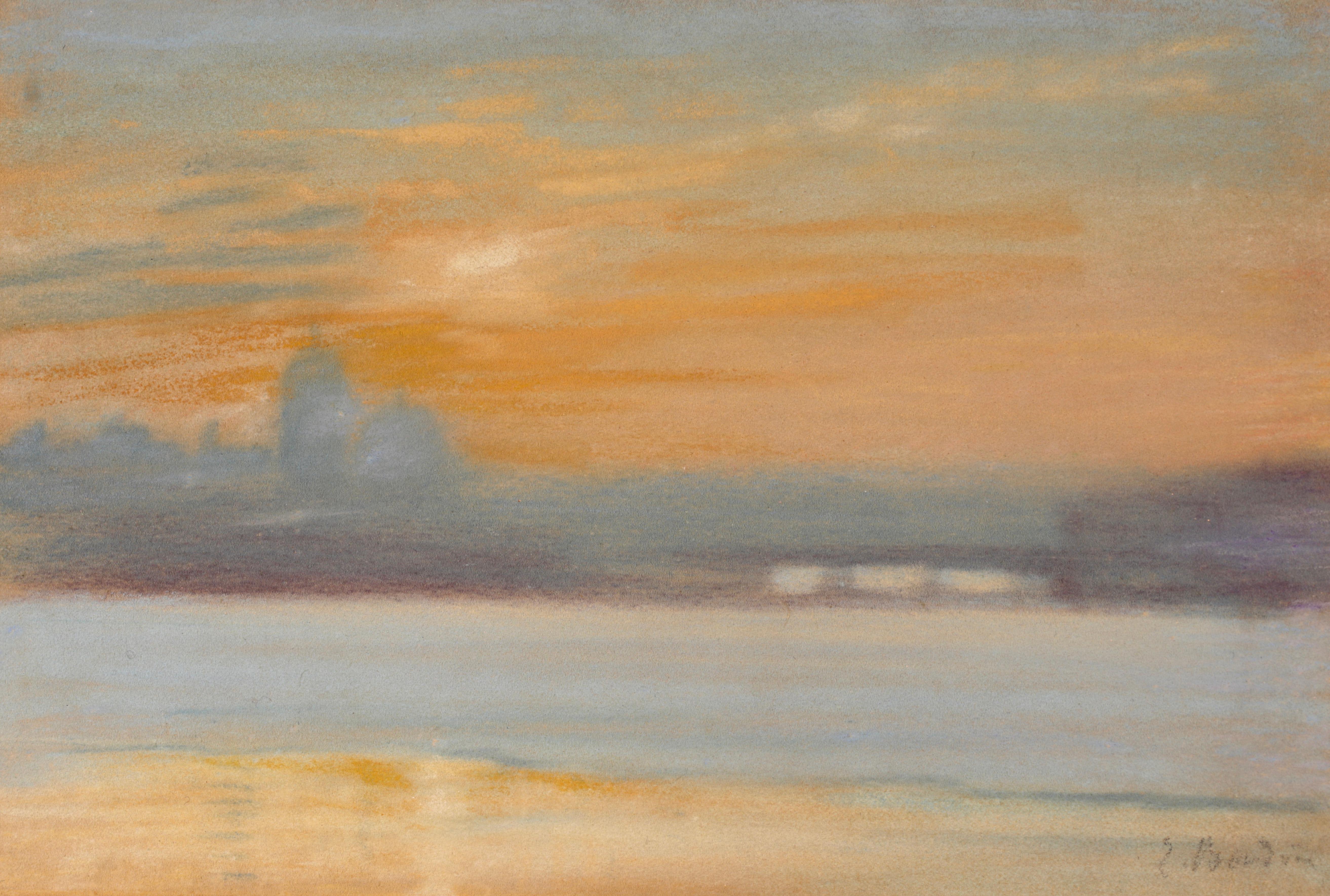 Coucher de Soleil - Impressionist Pastel, Sunset over Riverscape - Eugene Boudin