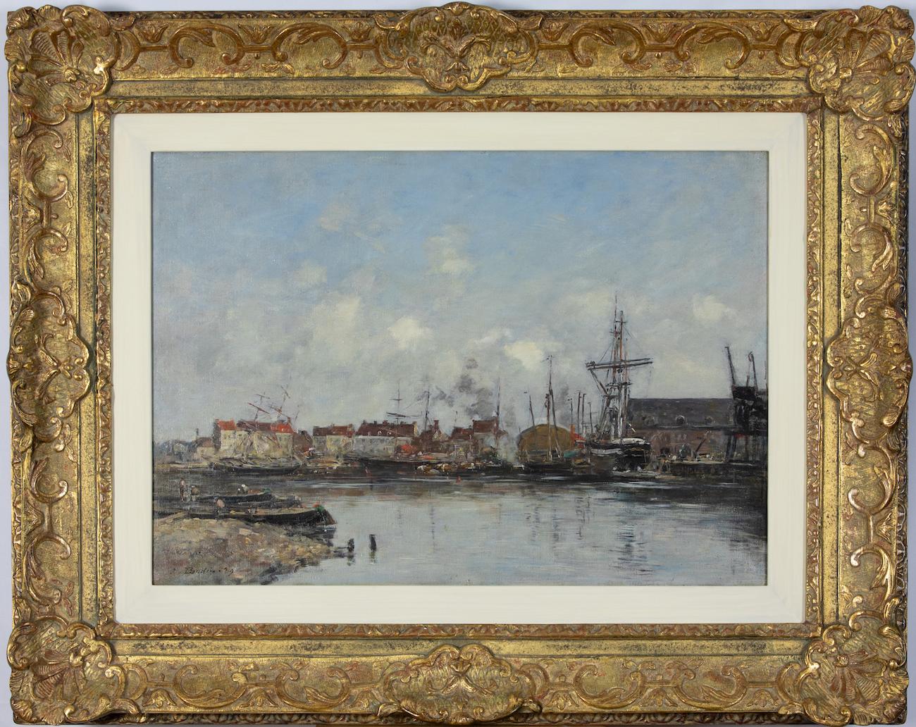 Dunkerque, le vieux bassin by Eugène Boudin - Figurative water scene  - Painting by Eugène Louis Boudin