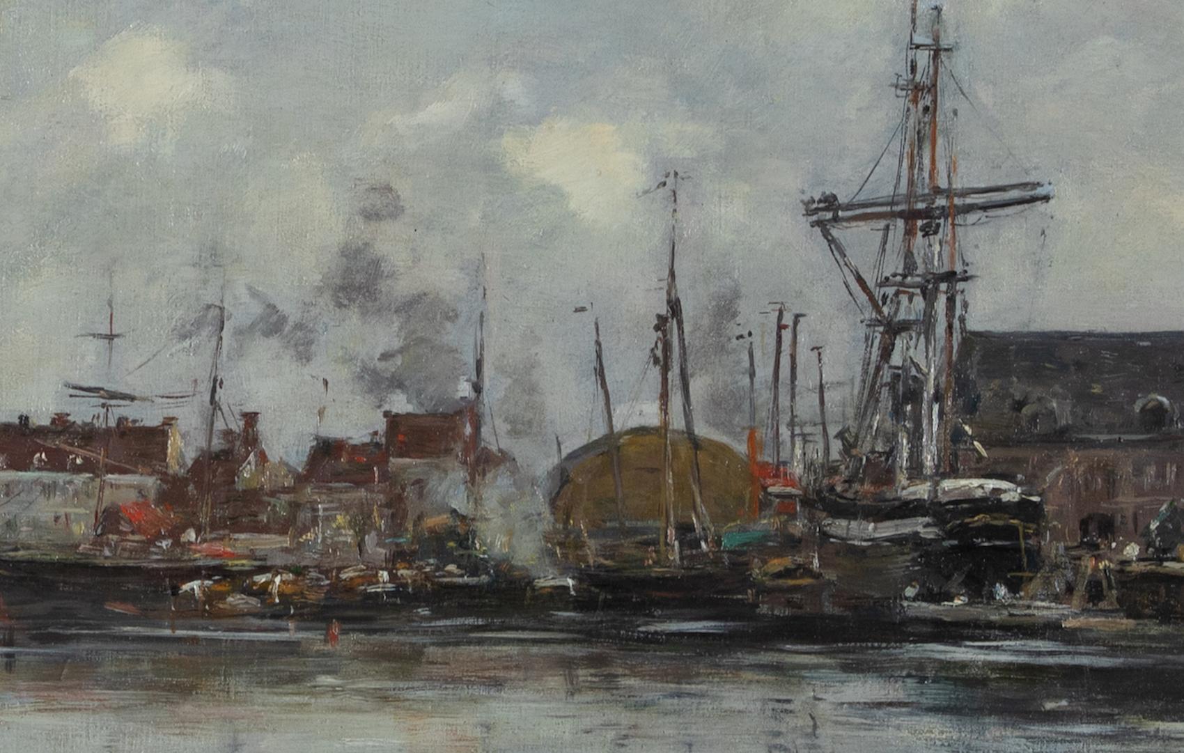 Dunkerque, le vieux bassin by Eugène Boudin - Figurative water scene  - Post-Impressionist Painting by Eugène Louis Boudin