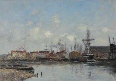 Antique Dunkerque, le vieux bassin by Eugène Boudin - Figurative water scene 