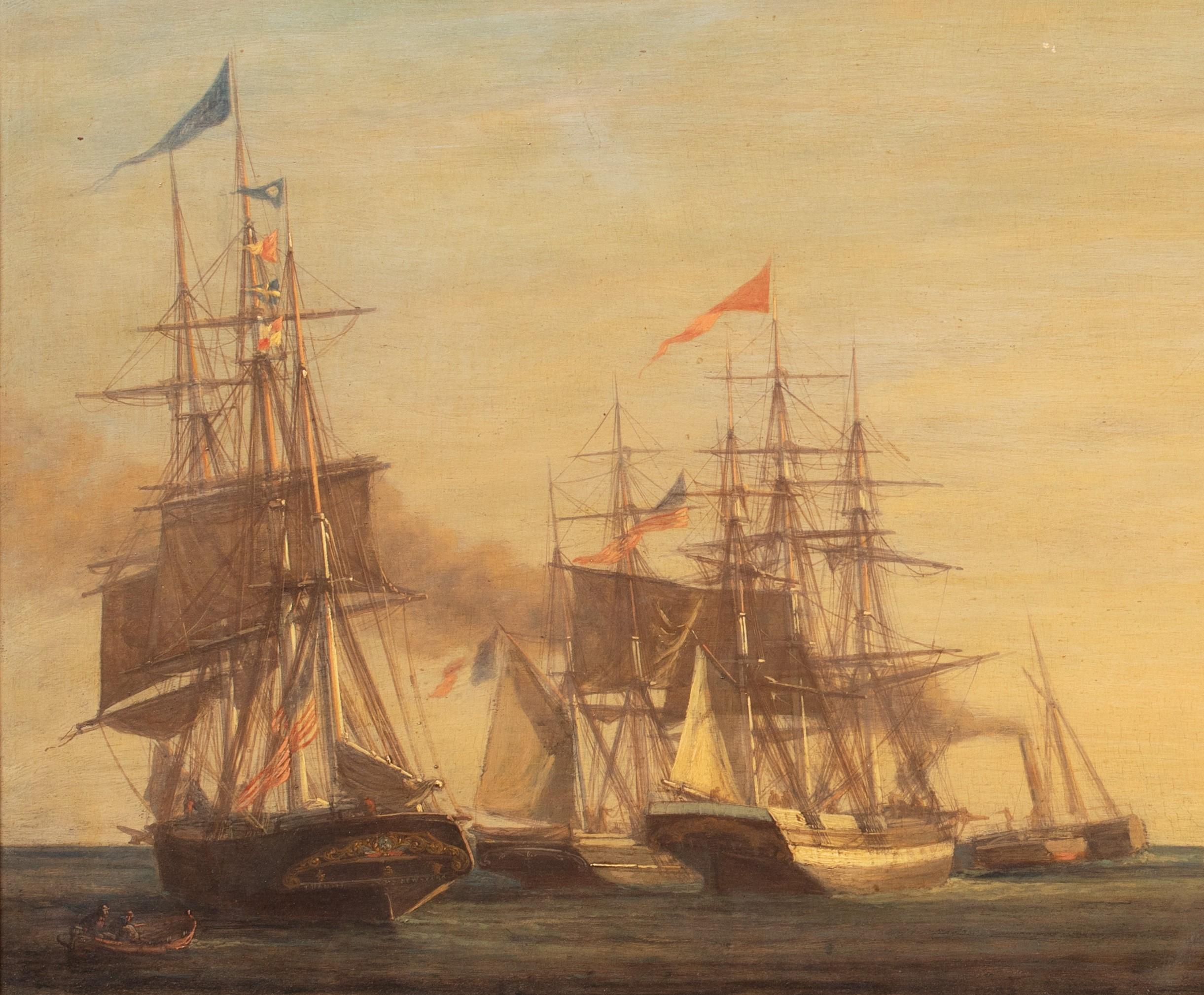 French & US Naval Battle, dated 1660 - Beige Landscape Painting by Eugène Louis Boudin