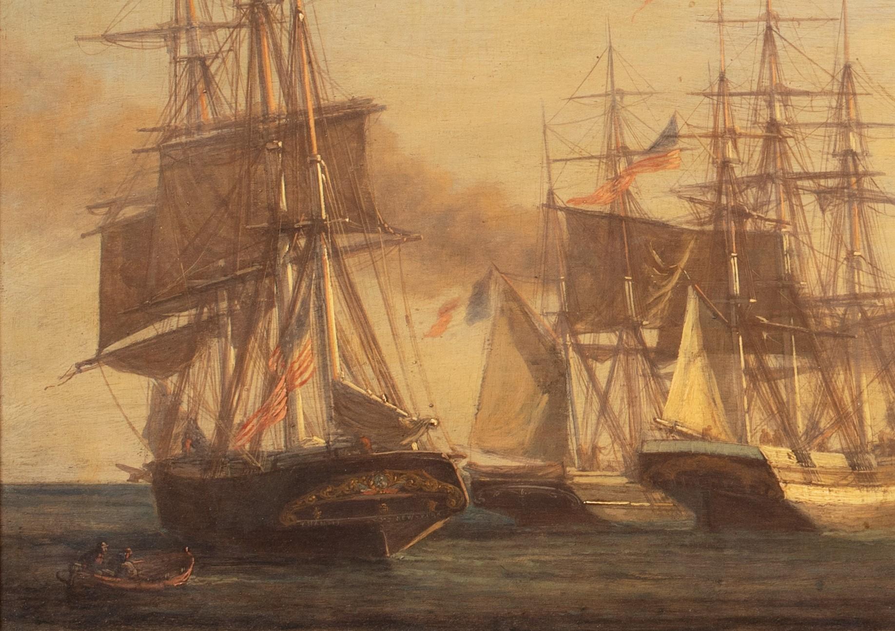 French & US Naval Battle, dated 1660

signed Boudin and Grisinelli

19th Century Naval scene with French and US ships, oil on canvas attributed to Eugene Boudin. Important early example of the artists work from a period of 1850-60 where he produced