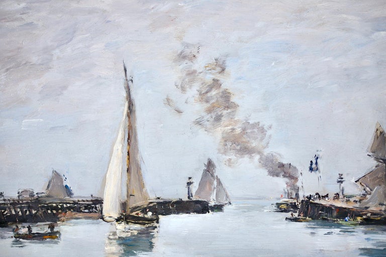 High Tide - Trouville - Impressionist Oil, Boats in Riverscape - Eugene Boudin For Sale 6