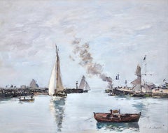 High Tide - Trouville - Impressionist Oil, Boats in Riverscape - Eugene Boudin