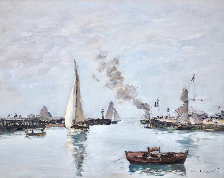 High Tide - Trouville - Impressionist Oil, Boats in Riverscape - Eugene Boudin - Painting by Eugène Louis Boudin