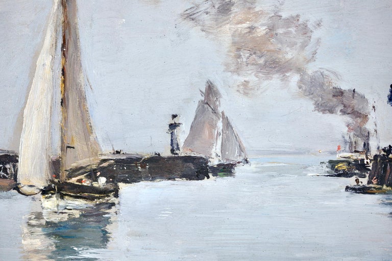 High Tide - Trouville - Impressionist Oil, Boats in Riverscape - Eugene Boudin For Sale 1