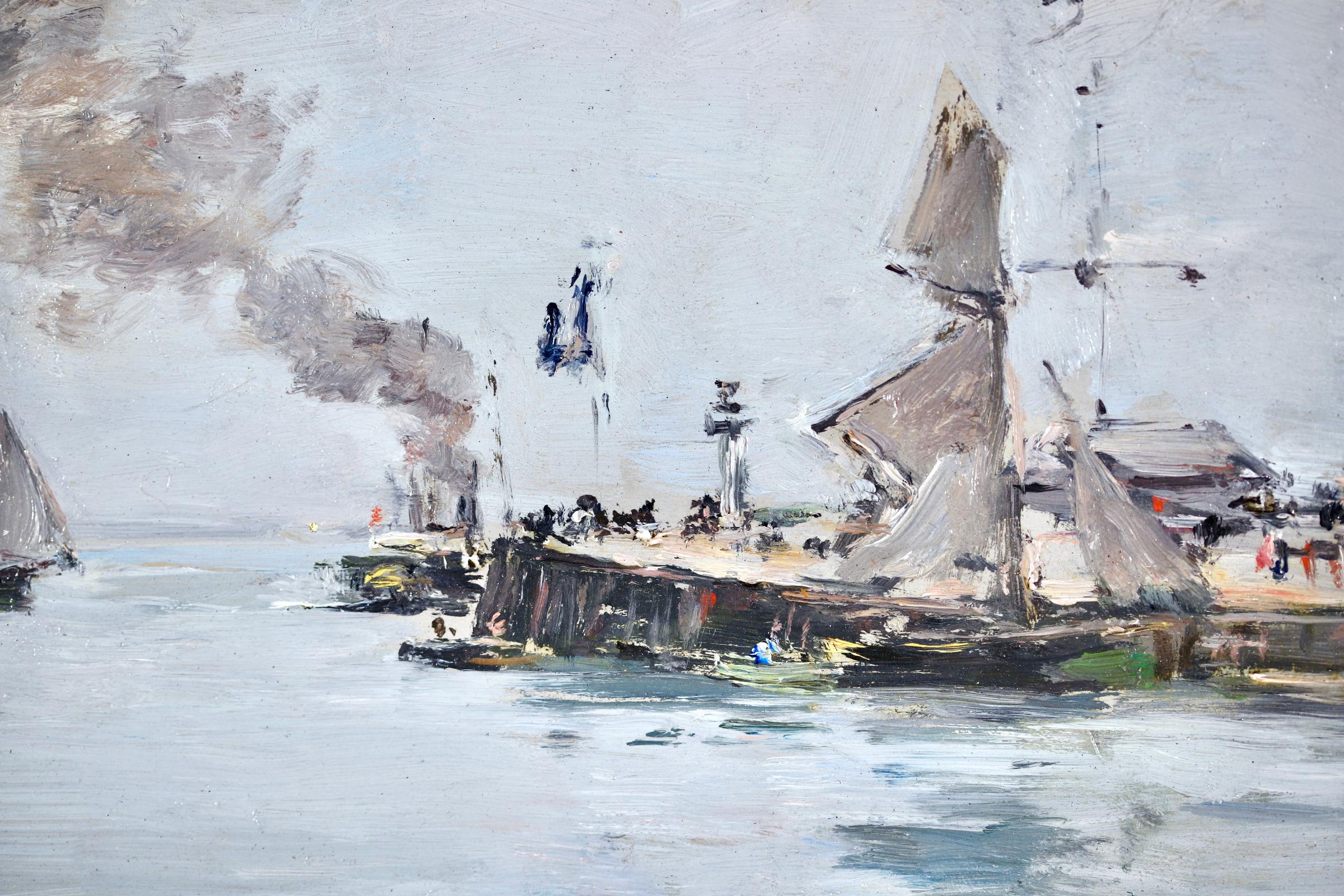 High Tide - Trouville - Impressionist Oil, Boats in Riverscape - Eugene Boudin - Beige Figurative Painting by Eugène Louis Boudin