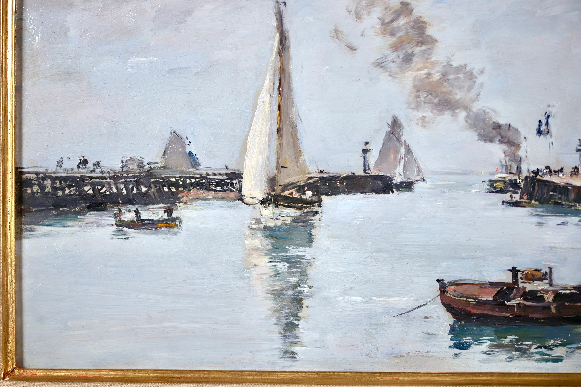 A stunning oil on panel by sought after French impressionist painter Eugene Boudin. The piece depicts a view of sailing, steam and rowing boats in the harbour in Trouville at high tide. 

Signature:
Signed & dated 1894 lower right and titled