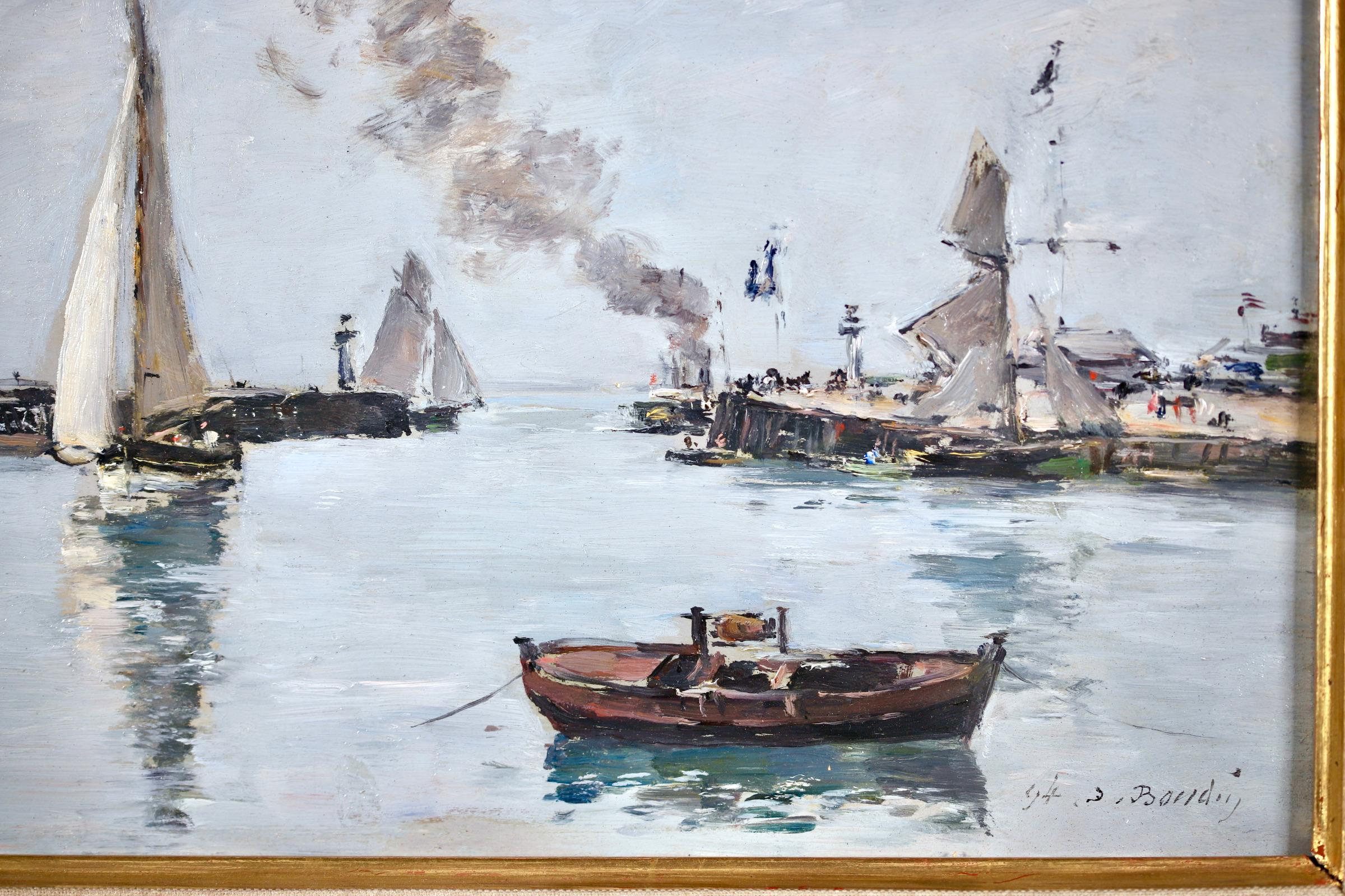 High Tide - Trouville - Impressionist Oil, Boats in Riverscape - Eugene Boudin 1