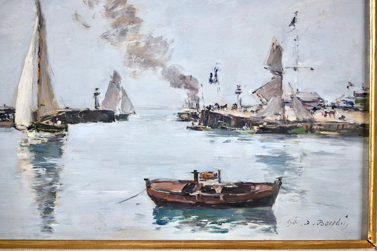 High Tide - Trouville - Impressionist Oil, Boats in Riverscape - Eugene Boudin For Sale 4