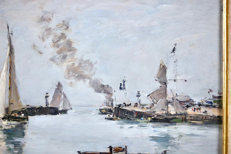 High Tide - Trouville - Impressionist Oil, Boats in Riverscape - Eugene Boudin For Sale 5