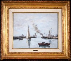 High Tide - Trouville - Impressionist Oil, Boats in Riverscape - Eugene Boudin