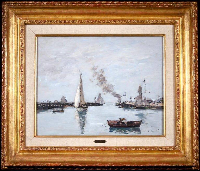 Eugène Louis Boudin Figurative Painting - High Tide - Trouville - Impressionist Oil, Boats in Riverscape - Eugene Boudin