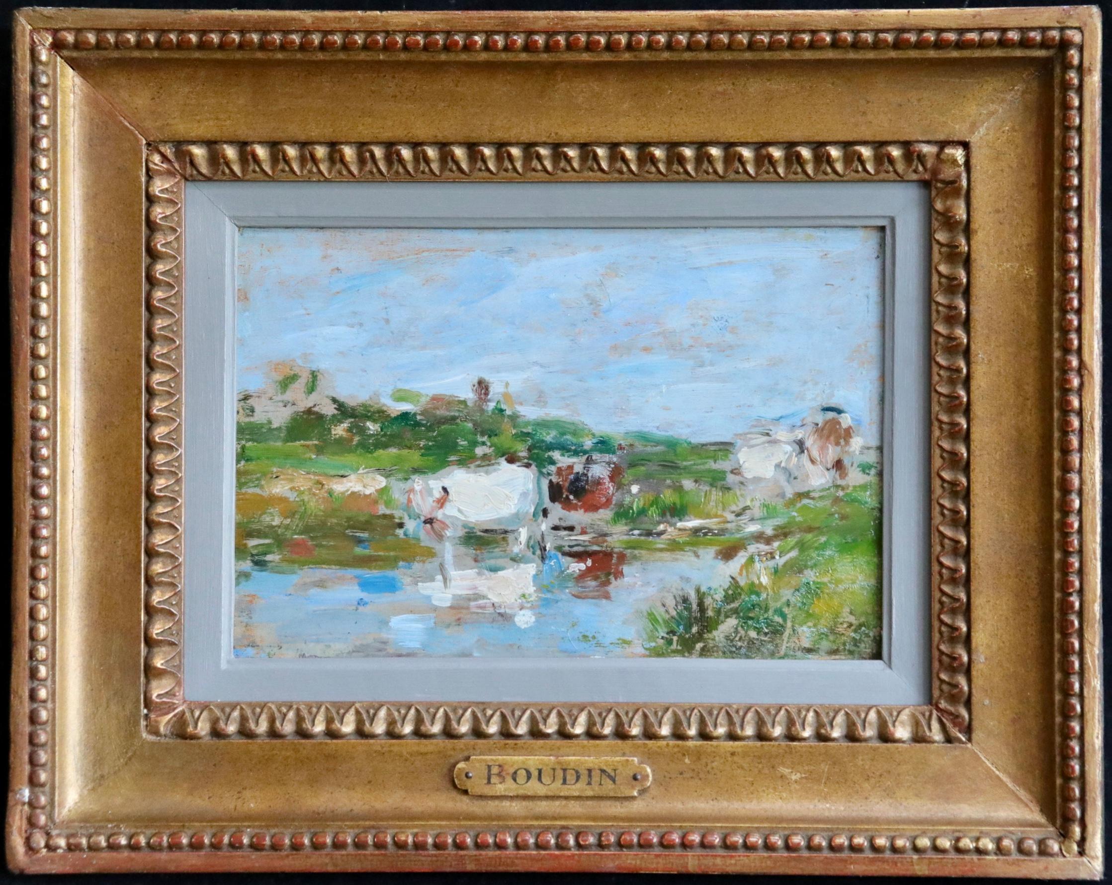 Les Vaches - 19th Century Oil, Cows in River in Landscape by Eugene Louis Boudin - Painting by Eugène Louis Boudin