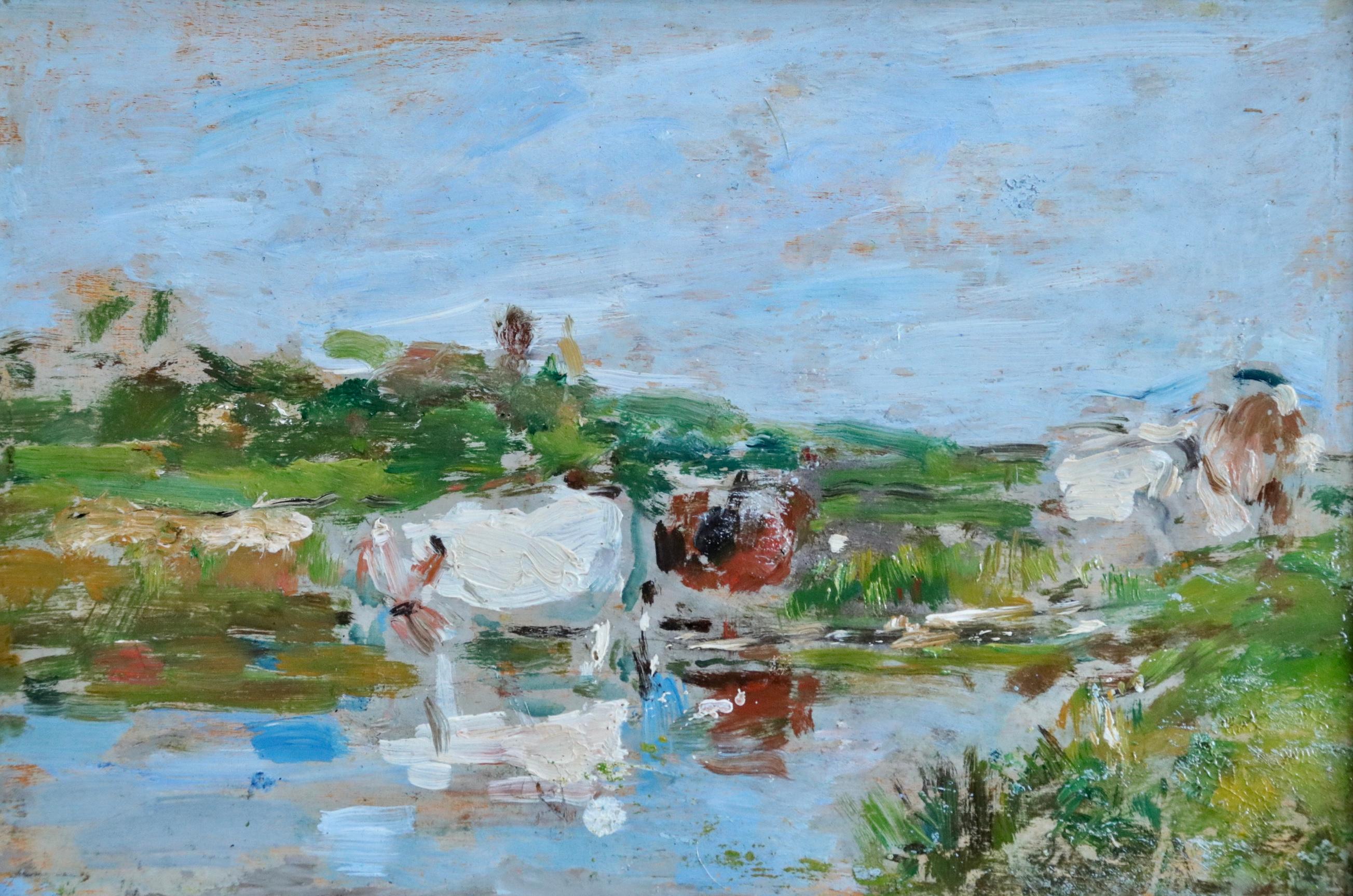 Eugène Louis Boudin Landscape Painting - Les Vaches - 19th Century Oil, Cows in River in Landscape by Eugene Louis Boudin