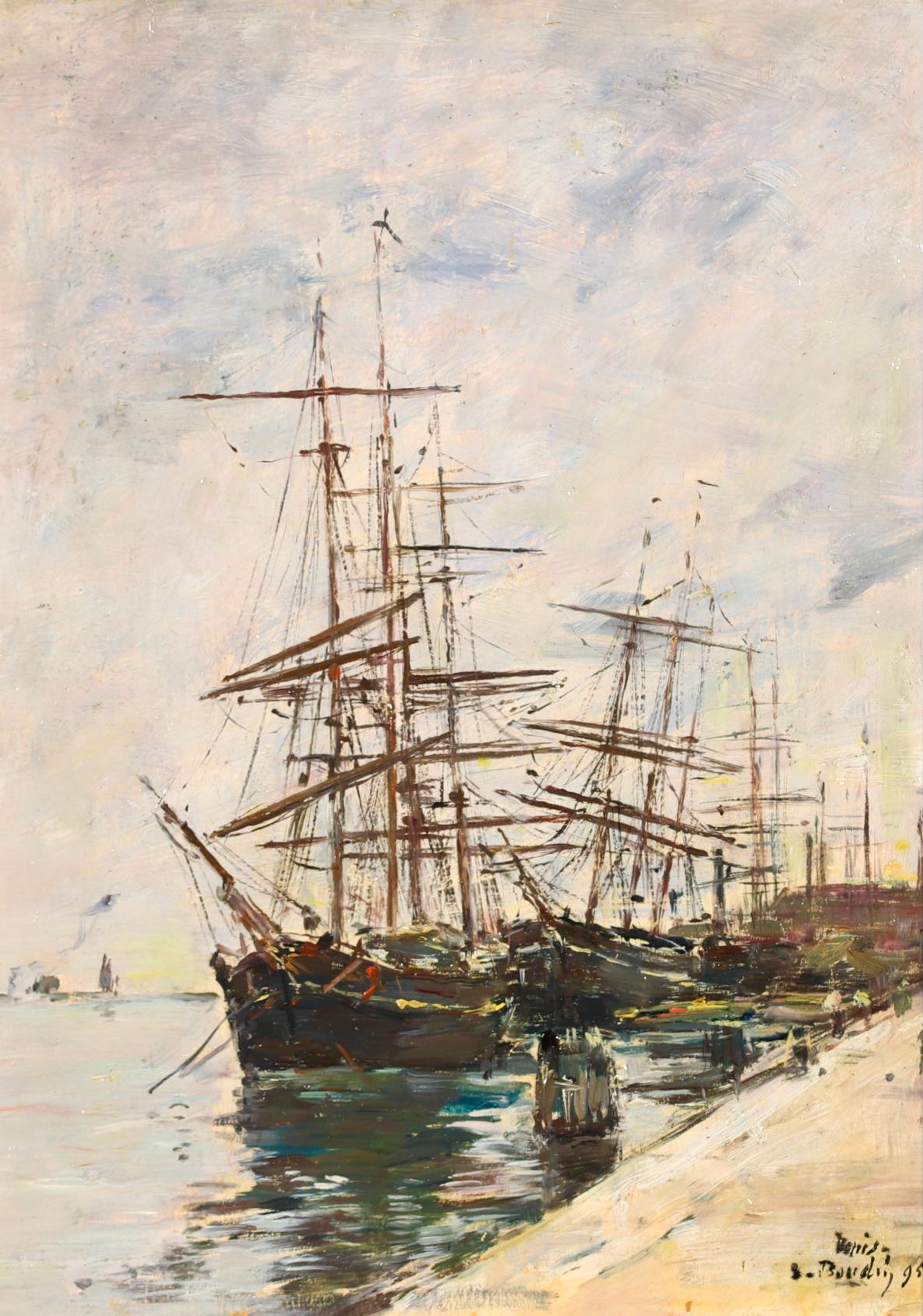 Sailing boats on the Quay - Venice -Impressionist Landscape Oil by Eugene Boudin - Painting by Eugène Louis Boudin