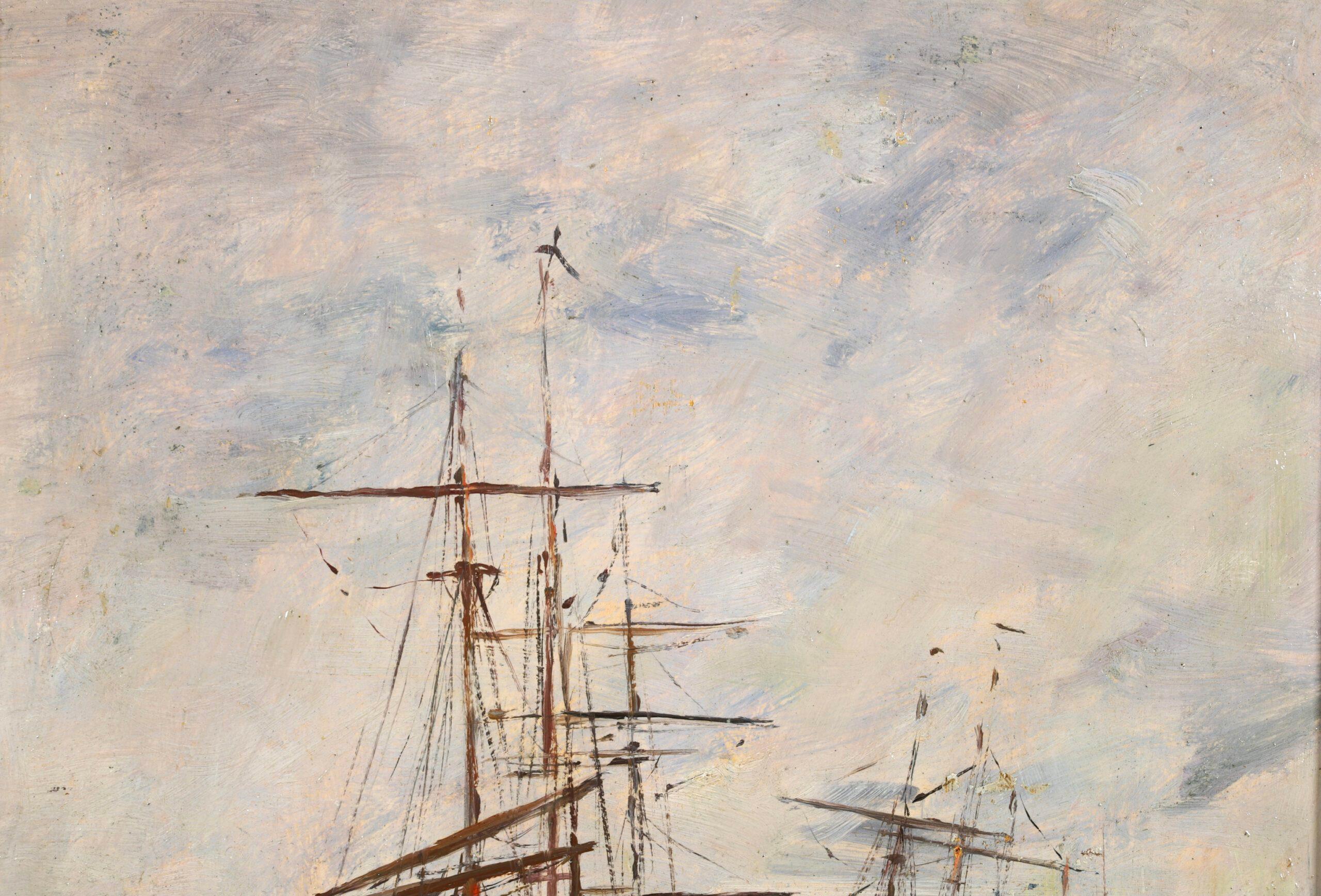 Signed, titled and dated oil on panel landscape by French impressionist painter Eugene Boudin. The work depicts sailing boats anchored at a port in Venice, Italy. The tall masts of the ships are set against the blue of the sky.

Signature:
Signed,