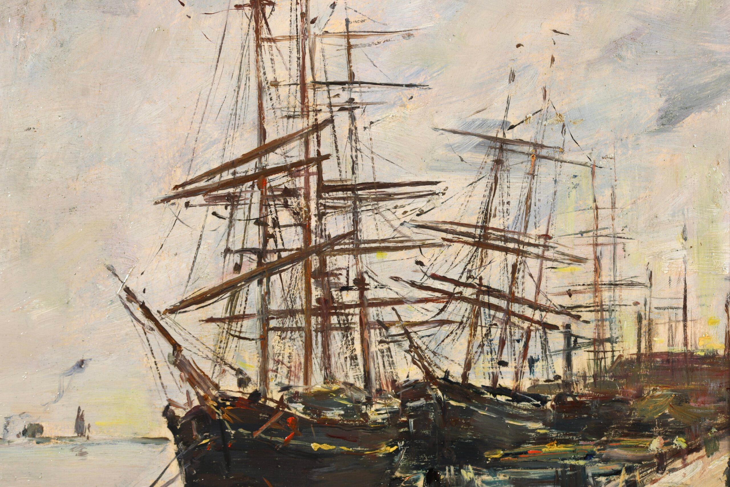 Signed, titled and dated oil on panel landscape by French impressionist painter Eugene Boudin. The work depicts sailing boats anchored at a port in Venice, Italy. The tall masts of the ships are set against the blue of the sky.

Signature:
Signed,
