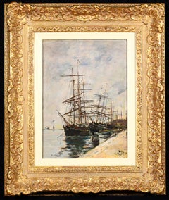 Sailing boats on the Quay - Venice -Impressionist Landscape Oil by Eugene Boudin