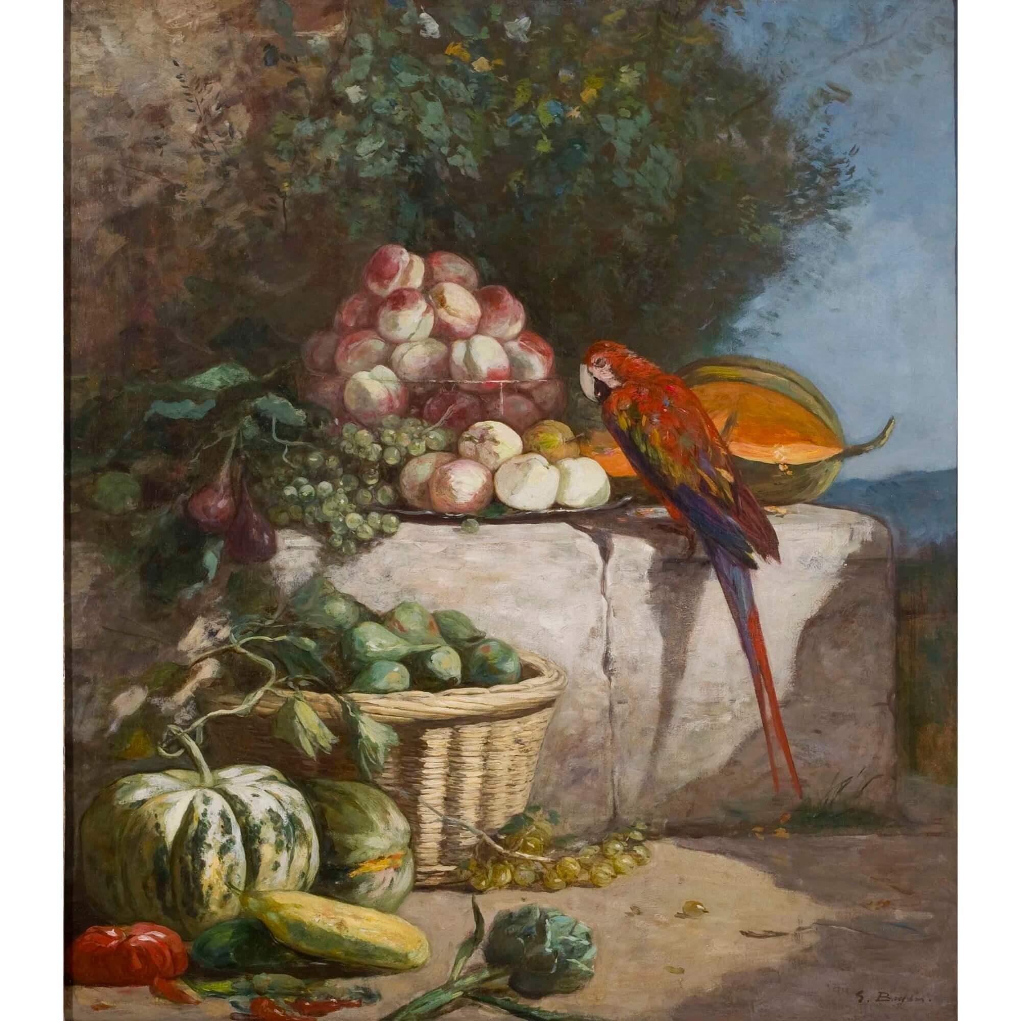 Still life painting of fruit and a parrot by French artist Eugène Boudin - Painting by Eugène Louis Boudin