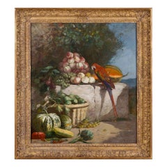 Antique Still life painting of fruit and a parrot by French artist Eugène Boudin