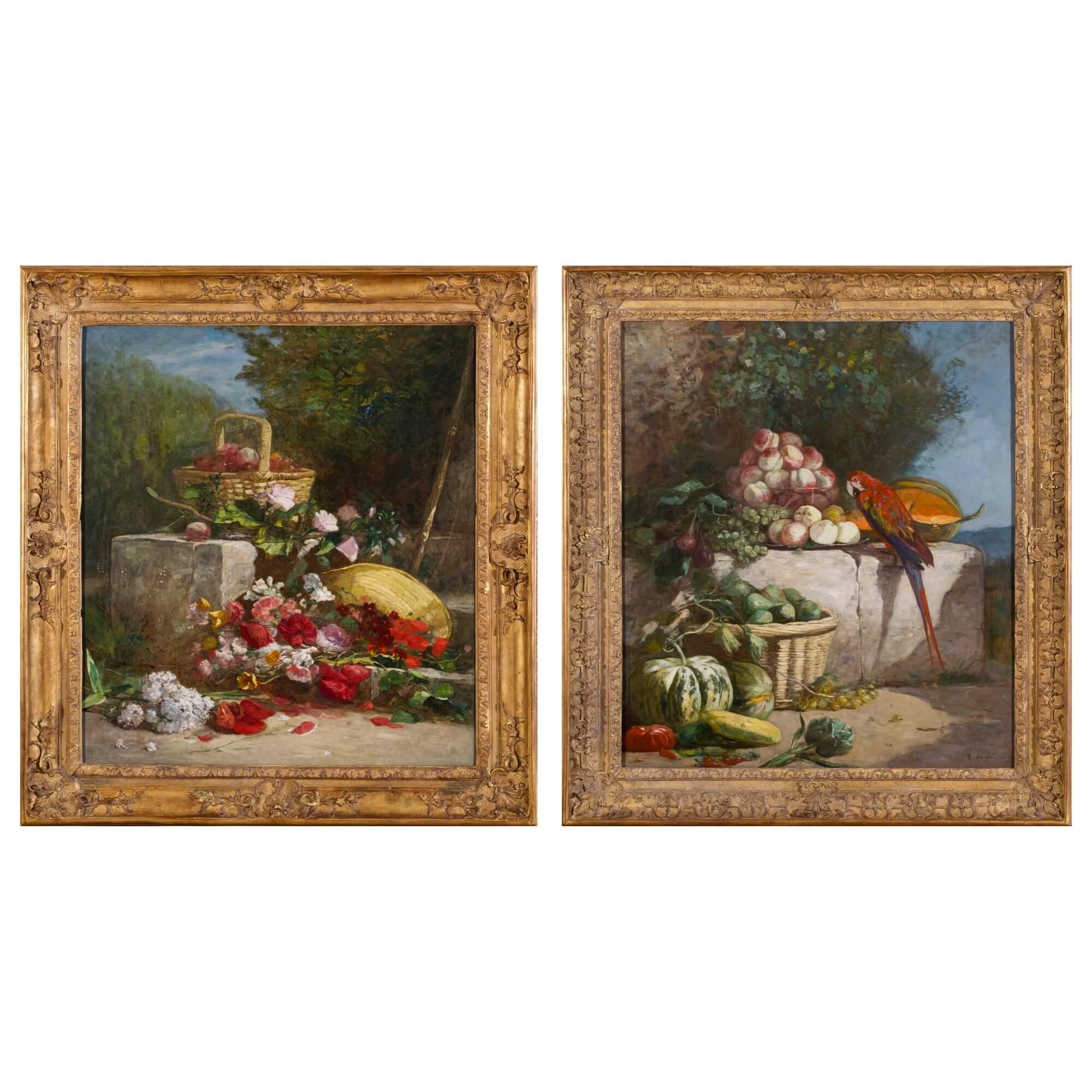 Bodegón de frutas y flores de Eugène Boudin - Still-Life Painting Marrón de Eugène Louis Boudin
