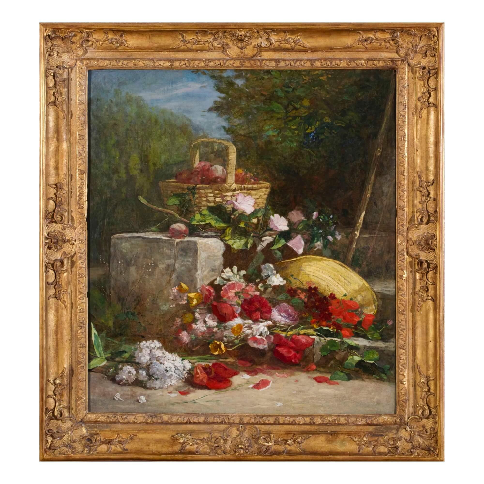 Eugène Louis Boudin Still-Life Painting - Still life painting of fruit and flowers by Eugène Boudin