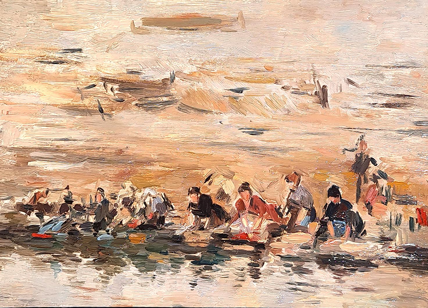 Washers am Ufer der Ufer von La Touques – Painting von Eugène Louis Boudin