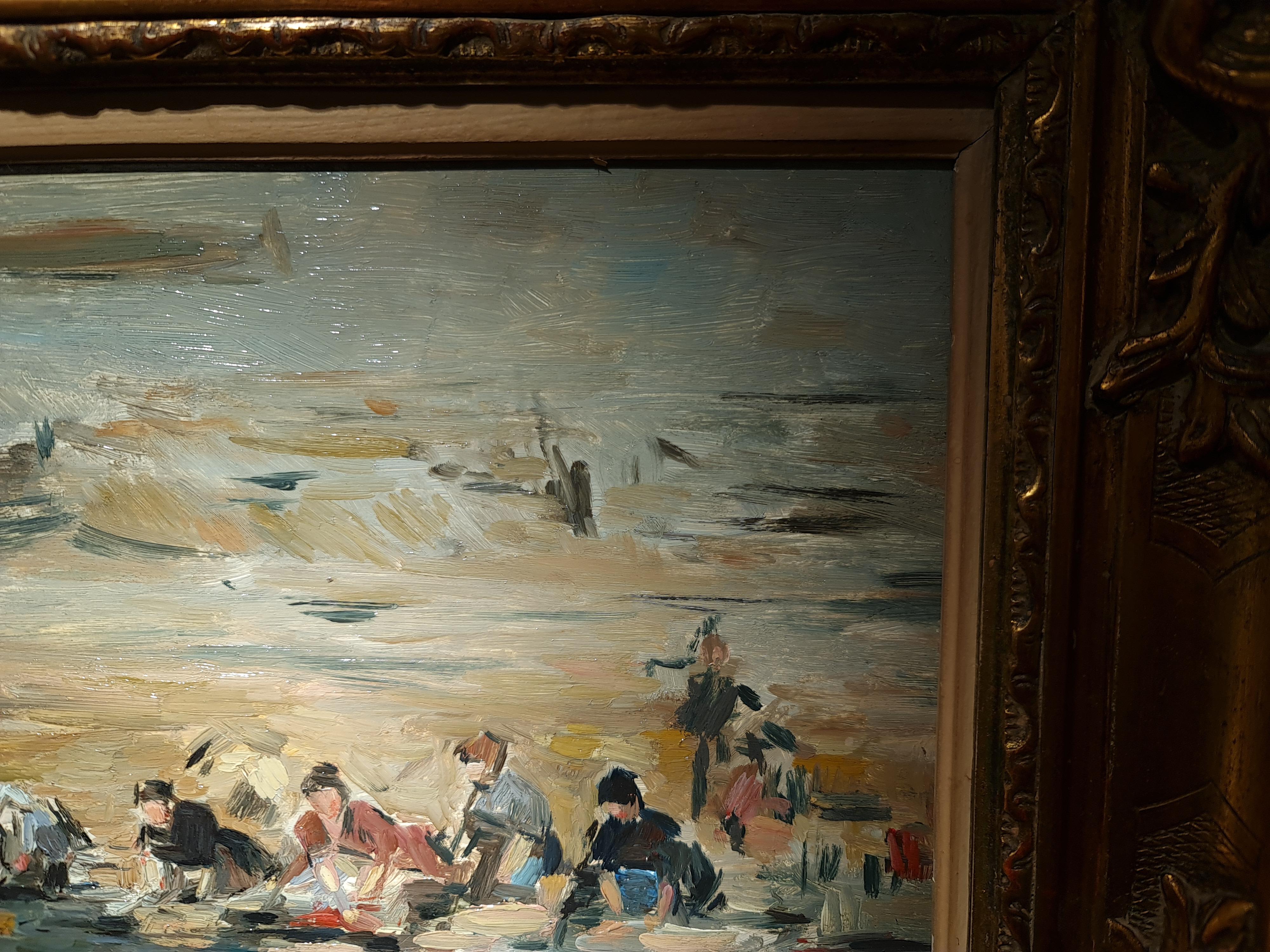 Laveuses sur les rives de la Touques
Par Eugène BOUDIN (français 1824-1898)

Huile sur panneau : 12 x 16.25 pouces
Taille encadrée : 15.25 x 19 pouces

Au dos du cadre : Ancienne étiquette portant la mention manuscrite à l'encre 