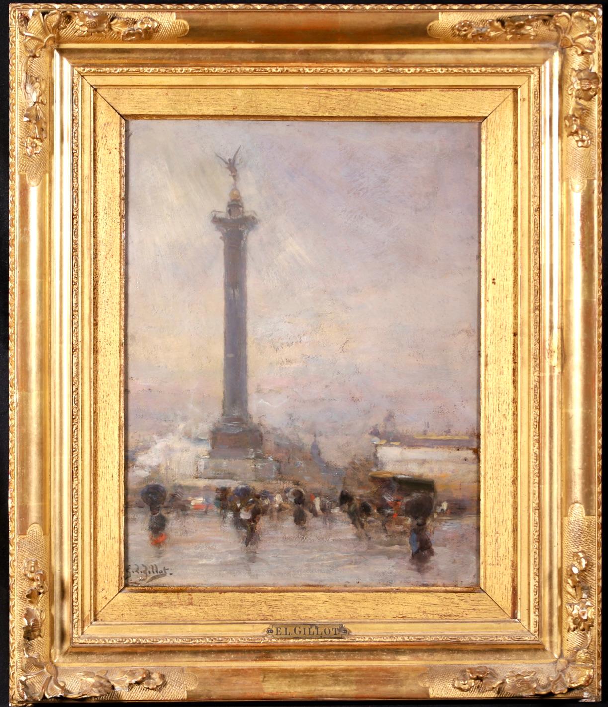 Rain - Paris - Impressionist Figurative Cityscape Oil by Eugene Louis Gillot - Painting by Eugène Louis Gillot