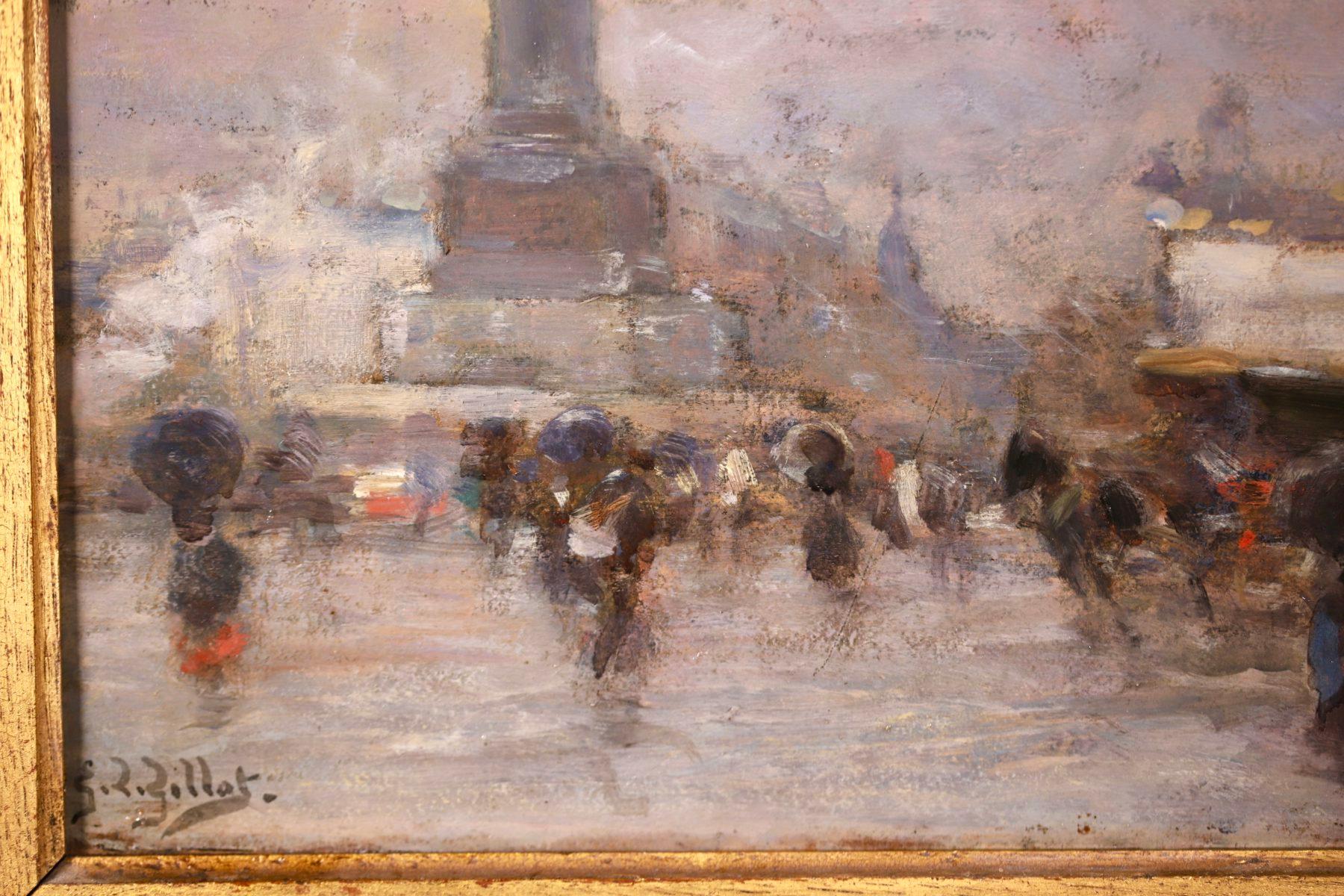 Rain - Paris - Impressionist Figurative Cityscape Oil by Eugene Louis Gillot - Beige Landscape Painting by Eugène Louis Gillot