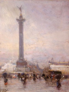 Rain - Paris - Impressionist Oil, Figures in Cityscape by Eugene Louis Gillot